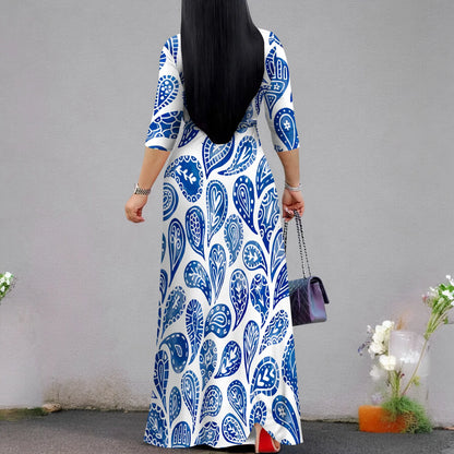 Plus Size Dresses for Women Print Maxi Dresses Flowy 3/4 Sleeve with Belt