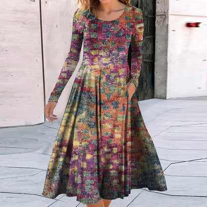 Fashion Bohemian Dresses For Women O Neck Long Sleeve Vintage Print Maxi Long Dress Women Elegant Autumn Dress