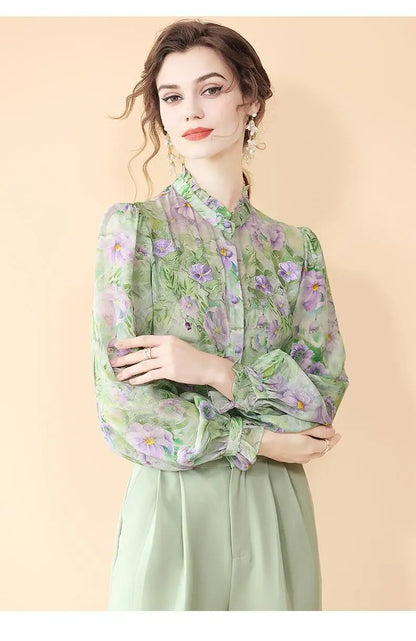 Fashion for Women Spring and Autumn New Korean Floral Tops French Fungus Collar Outer Shirts