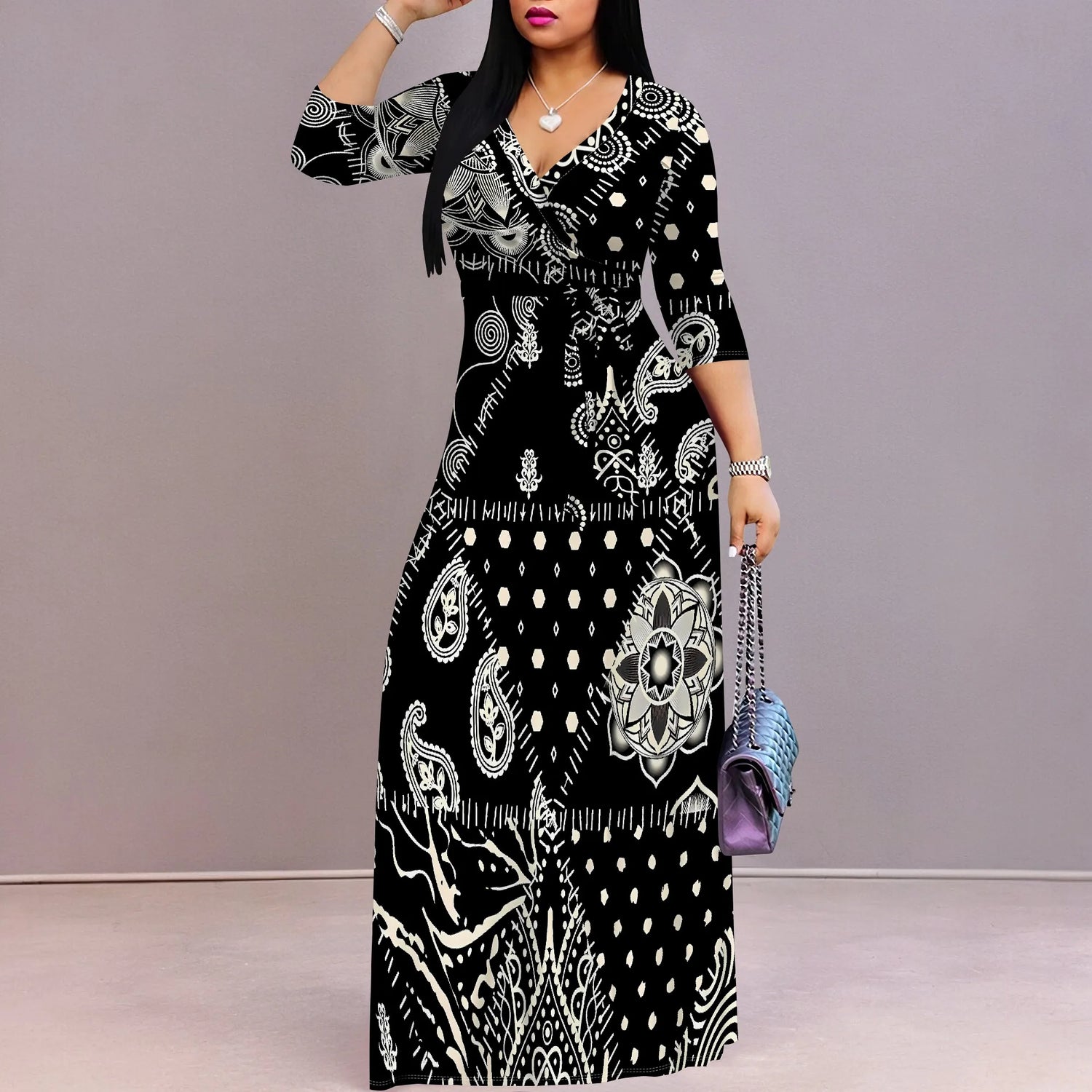 Plus Size Dresses for Women Print Maxi Dresses Flowy 3/4 Sleeve with Belt