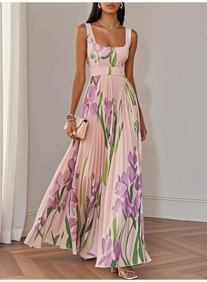 Sexy Flower Print Long Dress Women Summer 2025 Fashion Sleeveless Strap Maxi Dresses Elegant