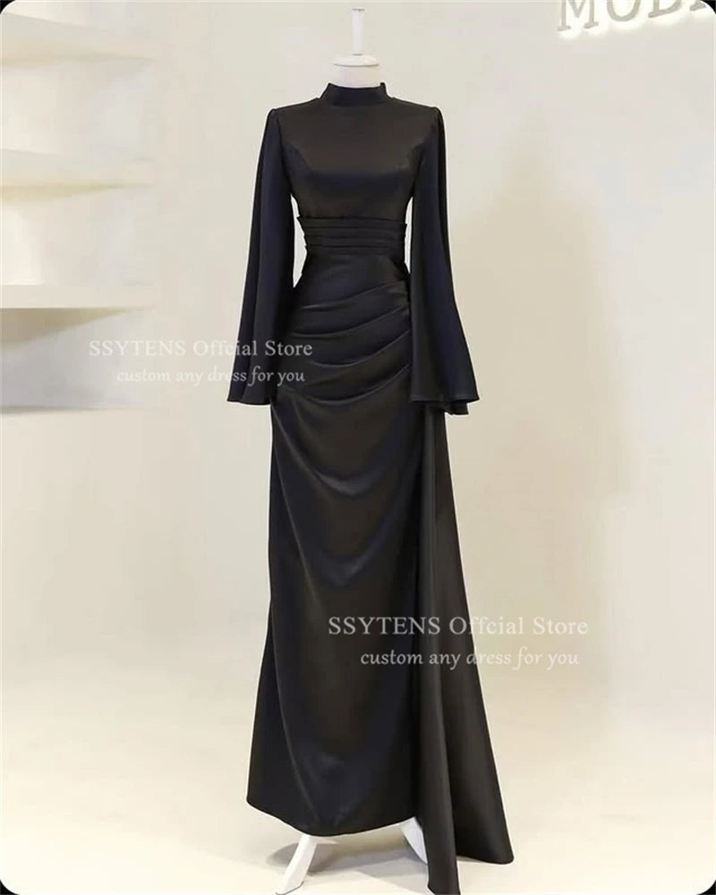 SSYTENS High Collar Muslim Evening Dresses Ruched Dubai Long Sleeves Prom Dresses Pleats Modest Arabia Party Gowns Customized
