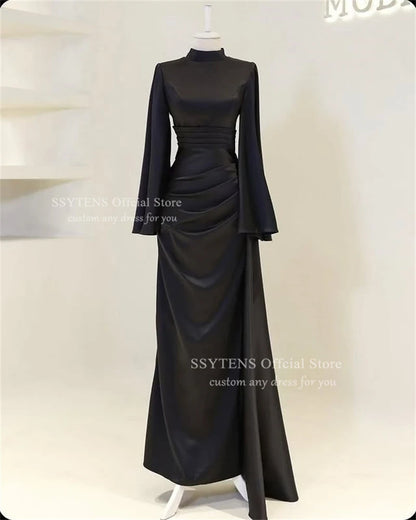 SSYTENS High Collar Muslim Evening Dresses Ruched Dubai Long Sleeves Prom Dresses Pleats Modest Arabia Party Gowns Customized