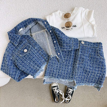 Kids Boutique Clothing New Autumn 2 Pieces Sets Girls Tops Jeans Coat Turn Down Collar Short All-match Fashion Preppy Style