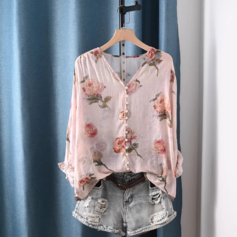 2026 Autumn clothes woman French fashion v neck rose floral print shirts and blouses for women vintage ladies tops