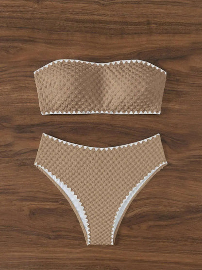 Swimwear White 2 Piece Strapless Swimsuit for Women Sexy Bandeau Backless Bikini Set Lace-up Patchwork Bathing Suit 2025 New
