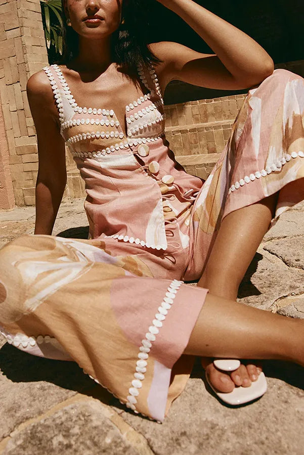 Women Sleeveless Top Two Pieces Matching Sets 2025 Summer Printed Patchwork Chic Outfit V Neck Fashion Simple Lady Suit Clothing
