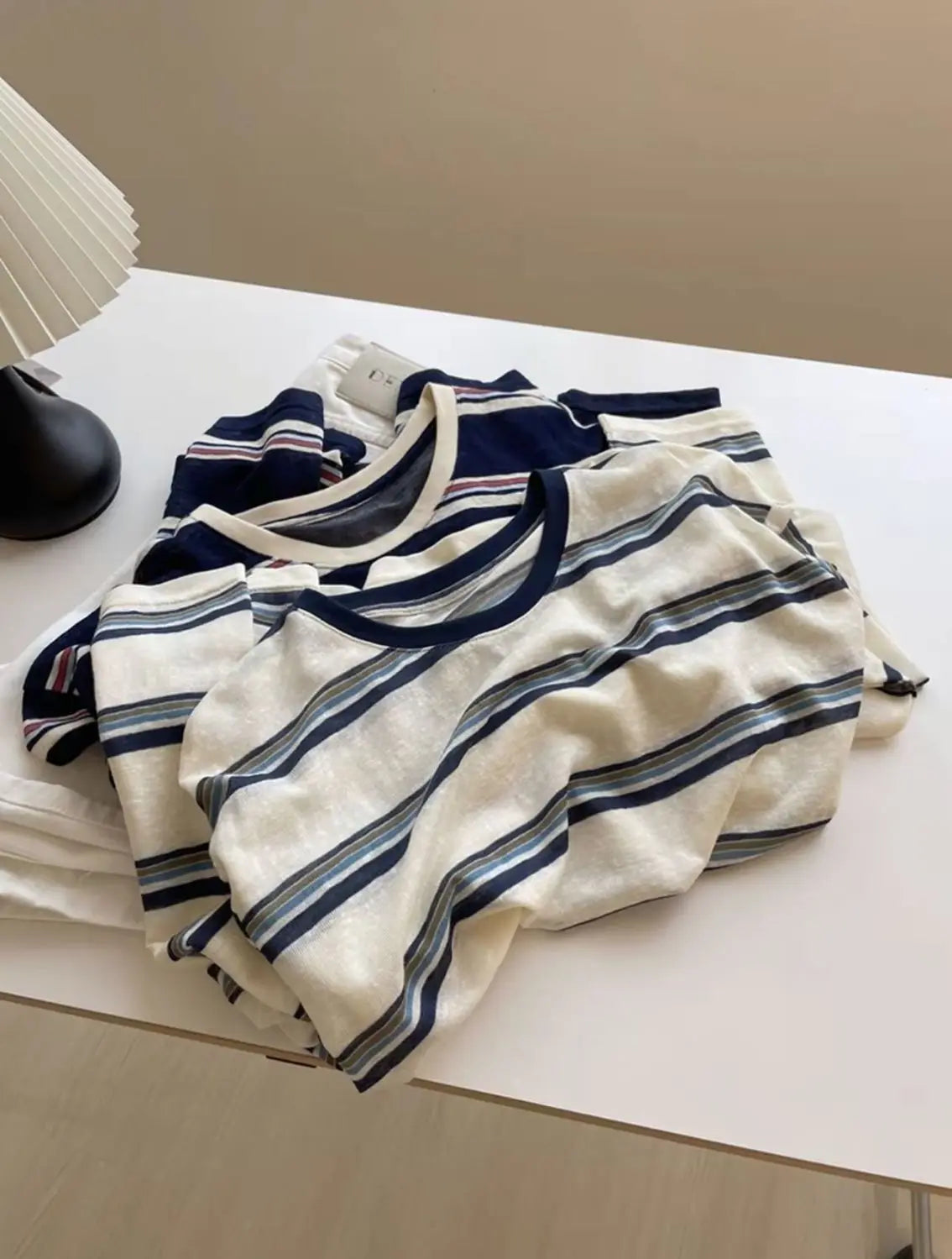 Women Clothes Spring Autumn Fashion Simplicity All-match Striped Color Blocking O-neck Ladies Appear Thin Lazy Wind Long Sleeve