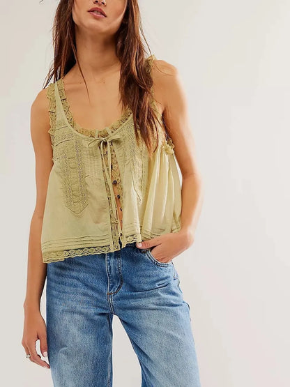 Sleeveless Tank Tops for Women Blouses Summer Boho Beach Wear 100%Cotton Splicing Lace Shirts Loose Casual Ladies Blusas Camis