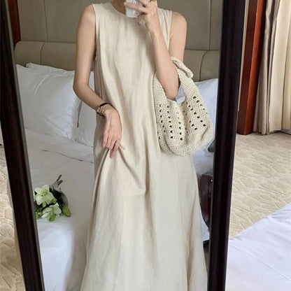Solid Summer Sleeveless Dress Round Neck Simple Vocation Vest Dresses Beachwear Hollowed Out Open Back Long Dress Teens