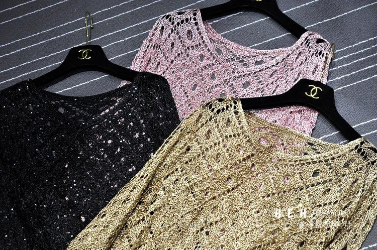 Fall Clothes for Women 2024 Fashion Sexy  Sequins Hollow Out Loose Gold Bright Silk Gown Bats Long-sleeved Round Collar Knitting