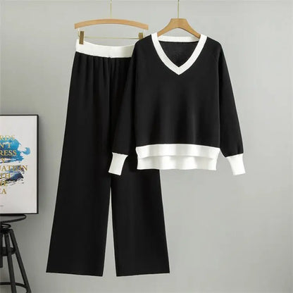 Fashionable Casual Suit for Women 2025 Spring and Autumn V-neck Contrasting Sweater Loose Wide-leg Pants Two-piece Set
