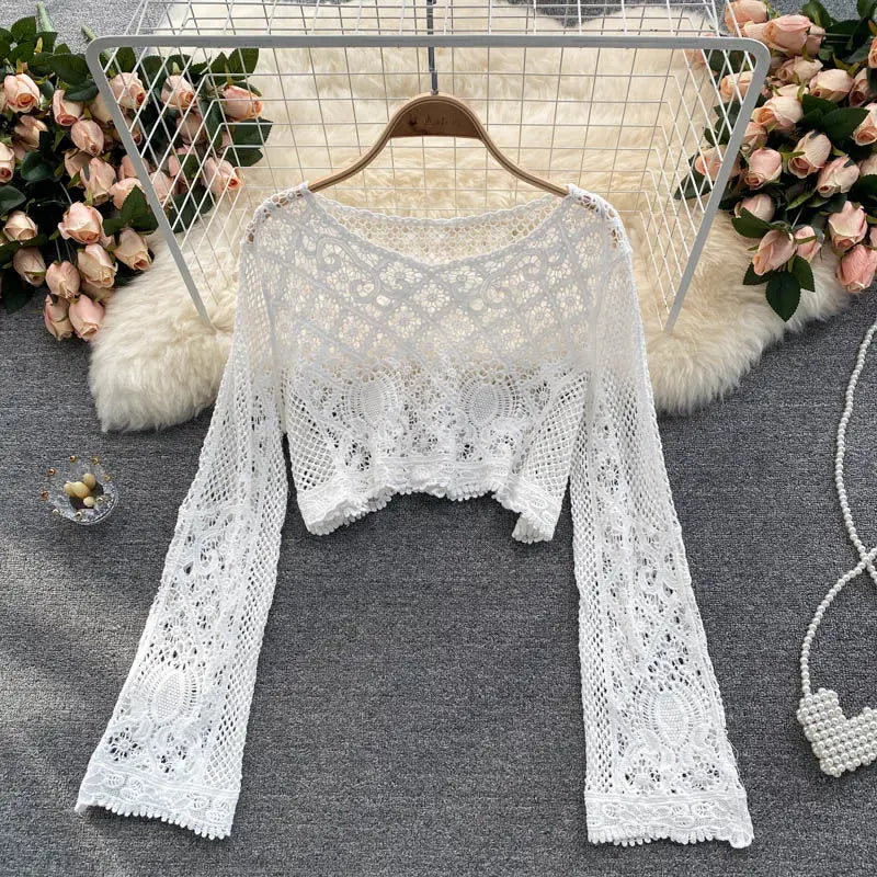 Blouses Women Retro Hollow Out All-match Sweet See-through Leisure Summer Sun-proof Korean Style Female Slim Crop Bohemian Ins