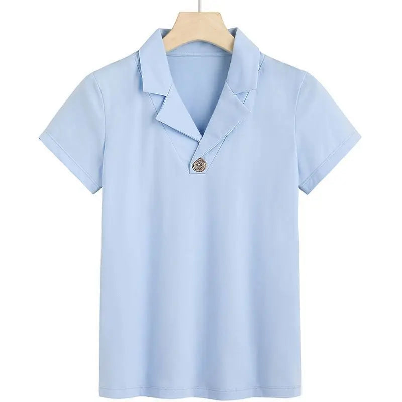 T-shirt Woman Button Tops Short Sleeve Tee Clothing Plain Polo Neck Shirts for Women Trend Luxury Polyester High Quality Sale V