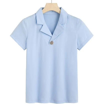 T-shirt Woman Button Tops Short Sleeve Tee Clothing Plain Polo Neck Shirts for Women Trend Luxury Polyester High Quality Sale V