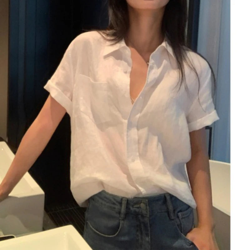Linen Short-sleeved Shirt Women&