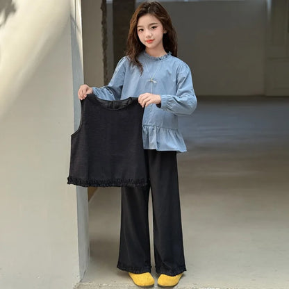 Back To School Clothing for Girls Outfits Set Toddler Kids Vest +Blue Shirt + Pants 3pcs Teens Kids Costumes Spring Autumn 2025
