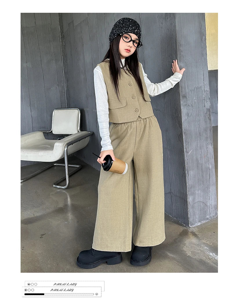 Design junior girls clothes set Round neck vest+cotton t-shirt+Wide leg pants 3pcs teenage kids clothing suit chidren outfits 14