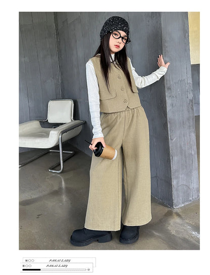 Design junior girls clothes set Round neck vest+cotton t-shirt+Wide leg pants 3pcs teenage kids clothing suit chidren outfits 14