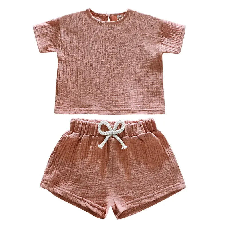 Casual Children Clothing Boys Outfit Set Solid Color Cotton Linen Short Sleeve Tops Shorts 2 PCS Summer Kids Clothing 1-7 Years