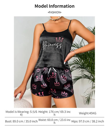 Pajamas Womens Sexy Lingerie Satin Sleepwear Silk Cami Shorts Set Soft Sleep Pjs 2 Piece Nightwear Print Pajamas Mujer Homewear