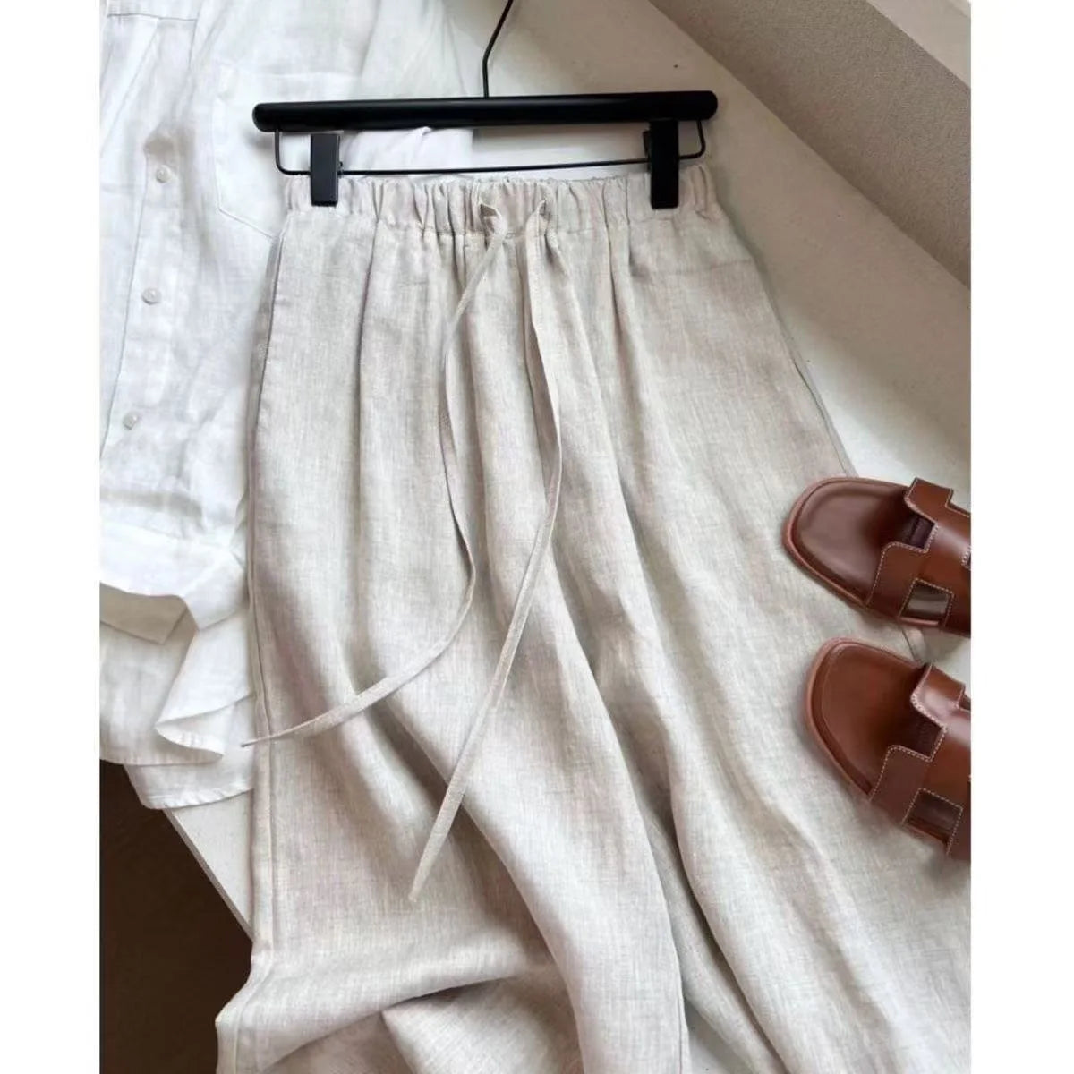 Summer High Waist Linen Pants Women Men Fashion Boho Wide Leg Palazzo Trousers Brown Casual Loose Beach Drag Pants