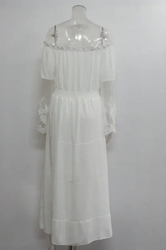 Sundress Swing Dress Women Elegant Long Sleeve Drawstring Slash Neck Lace Pleated Ruffle Loose Vacation Party Dresses Vestidos