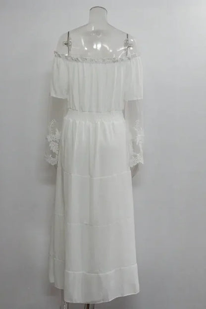 Sundress Swing Dress Women Elegant Long Sleeve Drawstring Slash Neck Lace Pleated Ruffle Loose Vacation Party Dresses Vestidos