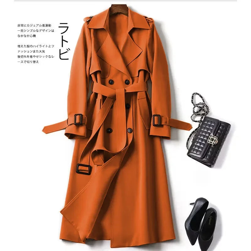 Elegant Women  Fashion British Jackets Autumn Winter Widebreaker Streetwear Midi Coats Casual Office Lady Button Slim Chic Coat