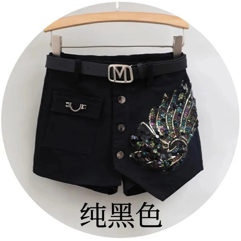 Fashion Sequin Denim Short Skirt Women Spring/Summer 2025 New Korean High Waist Slim Irregular Sexy Hot Pants White Black Casual
