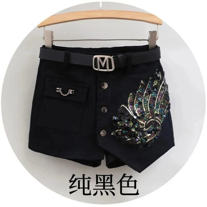 Fashion Sequin Denim Short Skirt Women Spring/Summer 2025 New Korean High Waist Slim Irregular Sexy Hot Pants White Black Casual