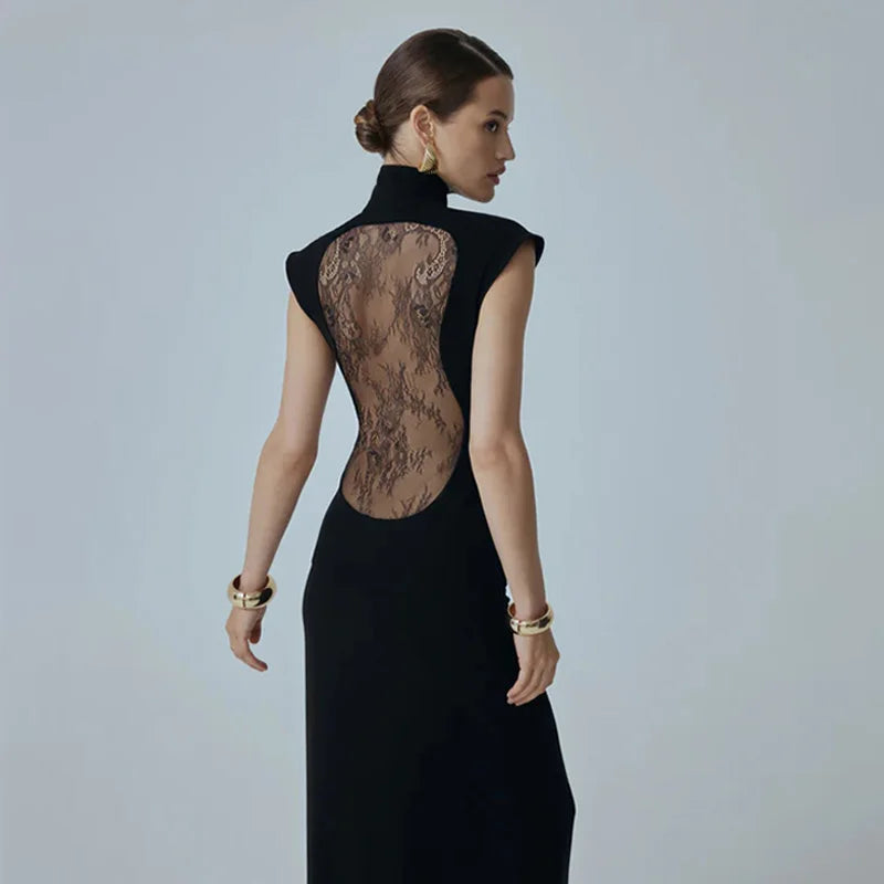 Solid Dresses For Women Fashion Sexy Streetwear Short Sleeves Turtleneck Hollow Out Sheer Long Vestidos Robes Female Elegant Fit