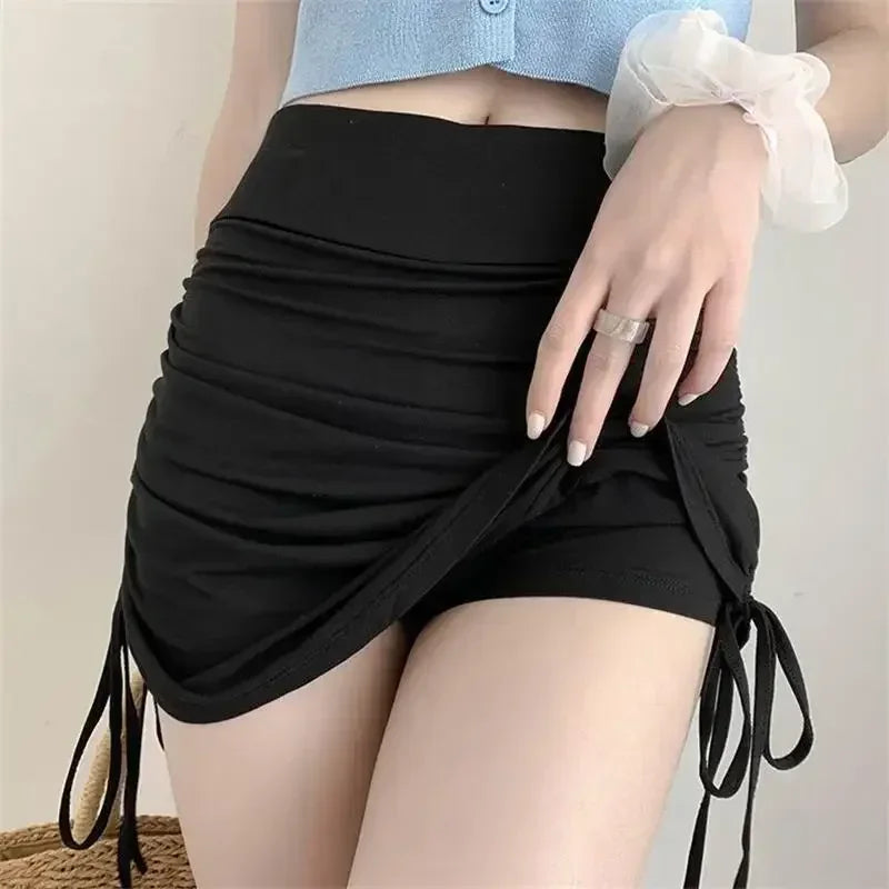 Sexy Women Summer Mini Skirts Drawstring High Waist Wrapped Hip Skirt Female Wild Solid Folds Slim Elastic Shorts Y2K Skirts