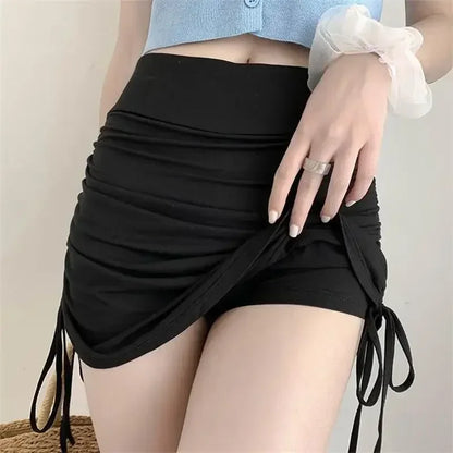 Sexy Women Summer Mini Skirts Drawstring High Waist Wrapped Hip Skirt Female Wild Solid Folds Slim Elastic Shorts Y2K Skirts