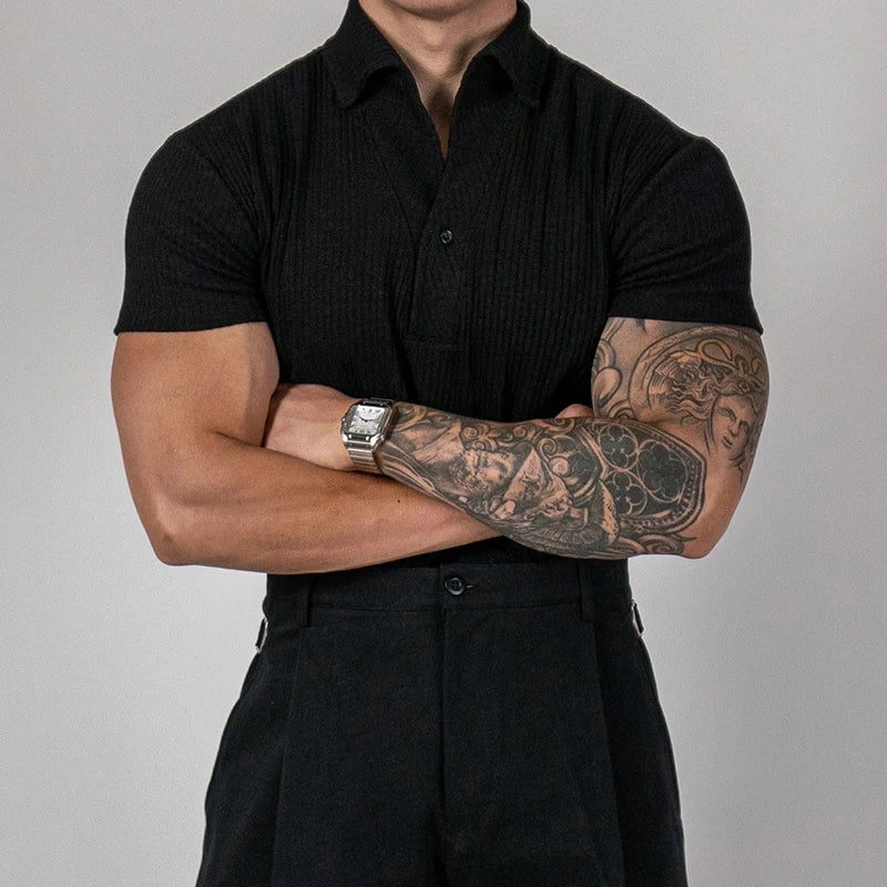 Trendy Ribbed Polo Shirts For Men Sports Fitness Muscle Short Sleeve Slim Stretch Tops Casual Pure Color Lapel Polo Mens T Shirt