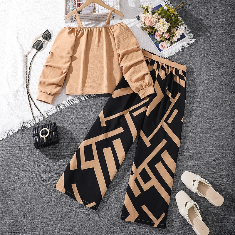 Kids Clothing Sets For Girls Khaki Off-shoulder Long sleeve Top &amp; Stripe Printing Pants Summer Resort Style Children Suits OOTD