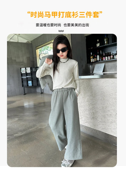 Design junior girls clothes set Round neck vest+cotton t-shirt+Wide leg pants 3pcs teenage kids clothing suit chidren outfits 14