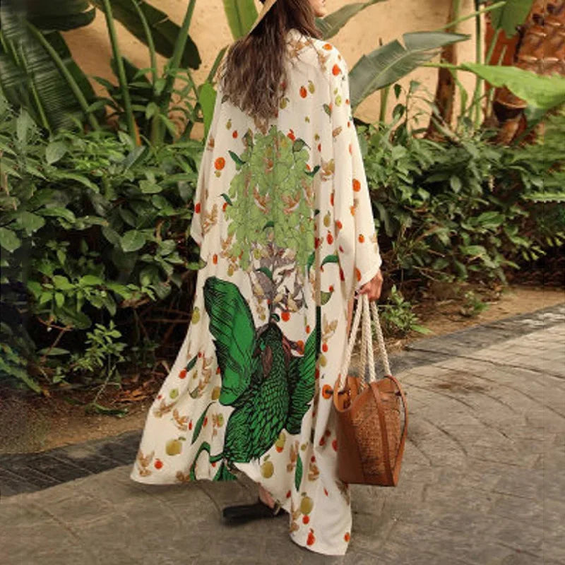 Bird Flower Print Kaftans for Woman Tunicas Femininas Beach Cover Up 2026 Summer Maxi Beach Wear Outfits Kaftan Dresses Womens