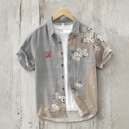 Linen Shirt for Men, 3D Print, Retro Japanese Art, Short Sleeve, Flip Collar, Casual Hawaii, Loose Beach Top, Pond, Fish, New,