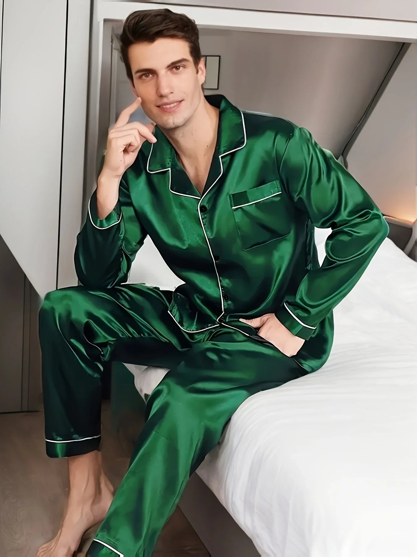 Men Pajama Sets Microfiber Sleepwear For Sleeping Man Shirt Satin Long Sleeve Pyjama Male Home Night Wear Plus Size Loungewear
