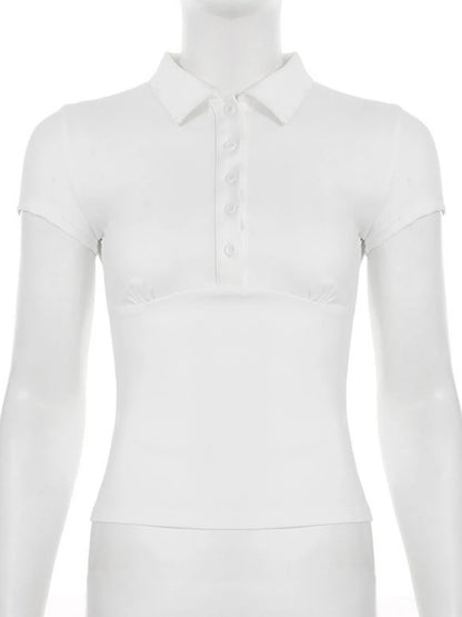 Turn-down Collar T Shirts For Women Streetwear Short Sleeve Crop Top Y2k Clothes Buttons Tshirt Solid Camisetas Slim Ropa Mujer