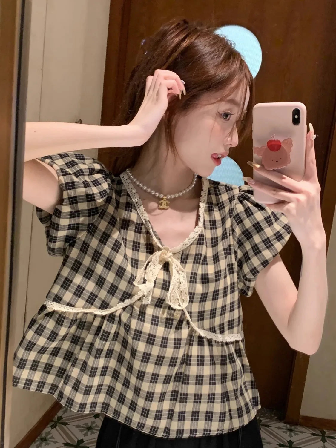 Blouses Women Plaid Vintage Literary Summer Short-sleeve Sweet Crop Tops Lace-up Aesthetic Prairie Chic Students French Style