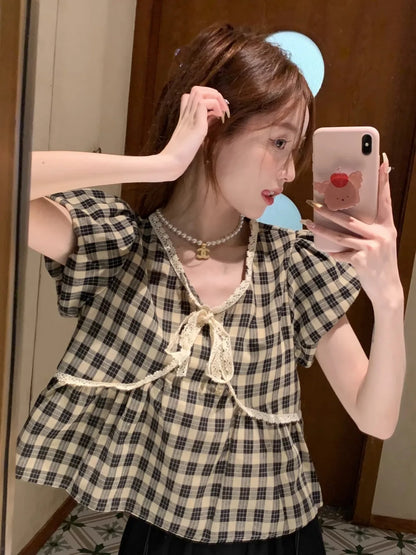 Blouses Women Plaid Vintage Literary Summer Short-sleeve Sweet Crop Tops Lace-up Aesthetic Prairie Chic Students French Style