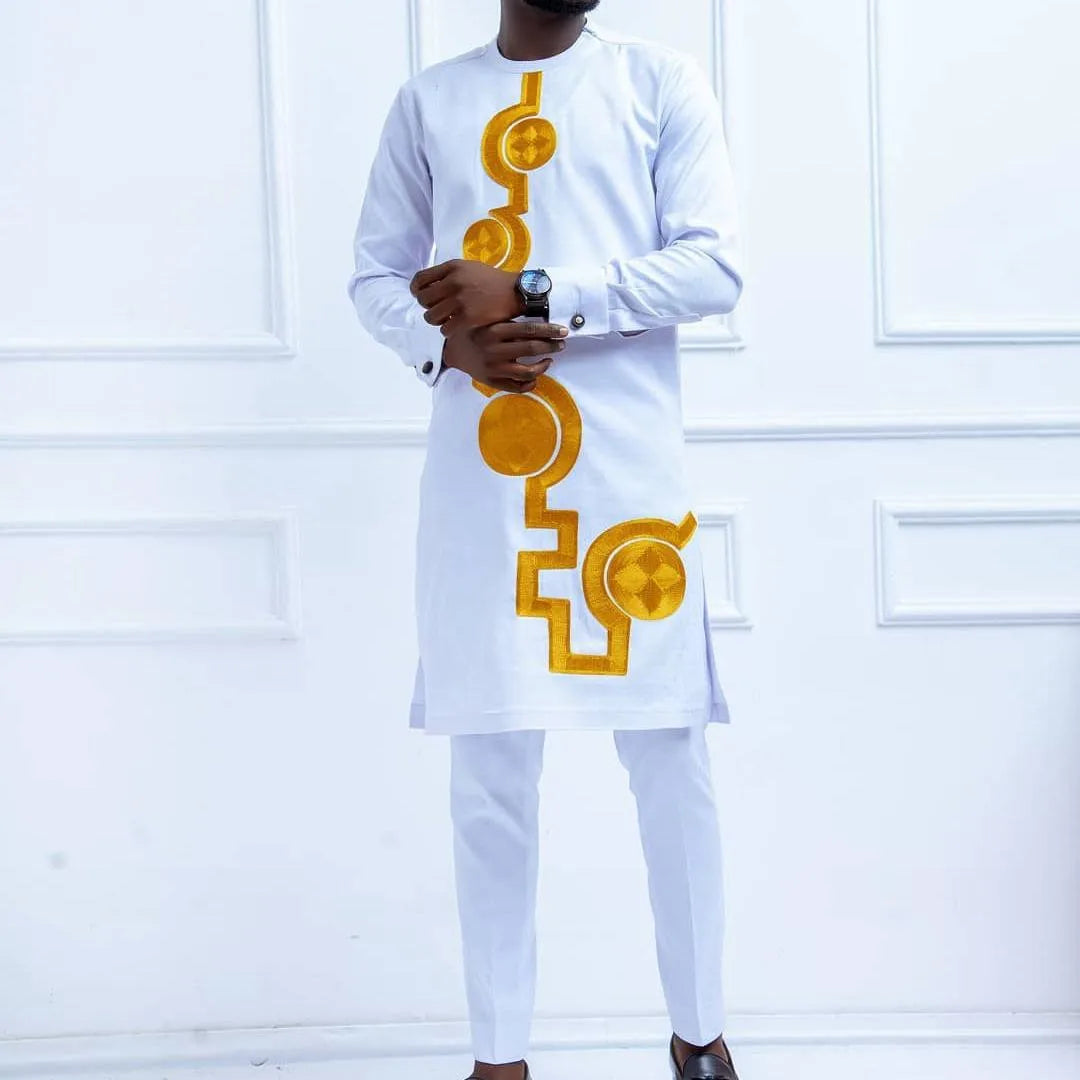 Kaftan Men Wedding Suits Groom Embroidered Pocket Top And Pants Kaunda Suit African casual Outfits Party Fashion Two-piece Set