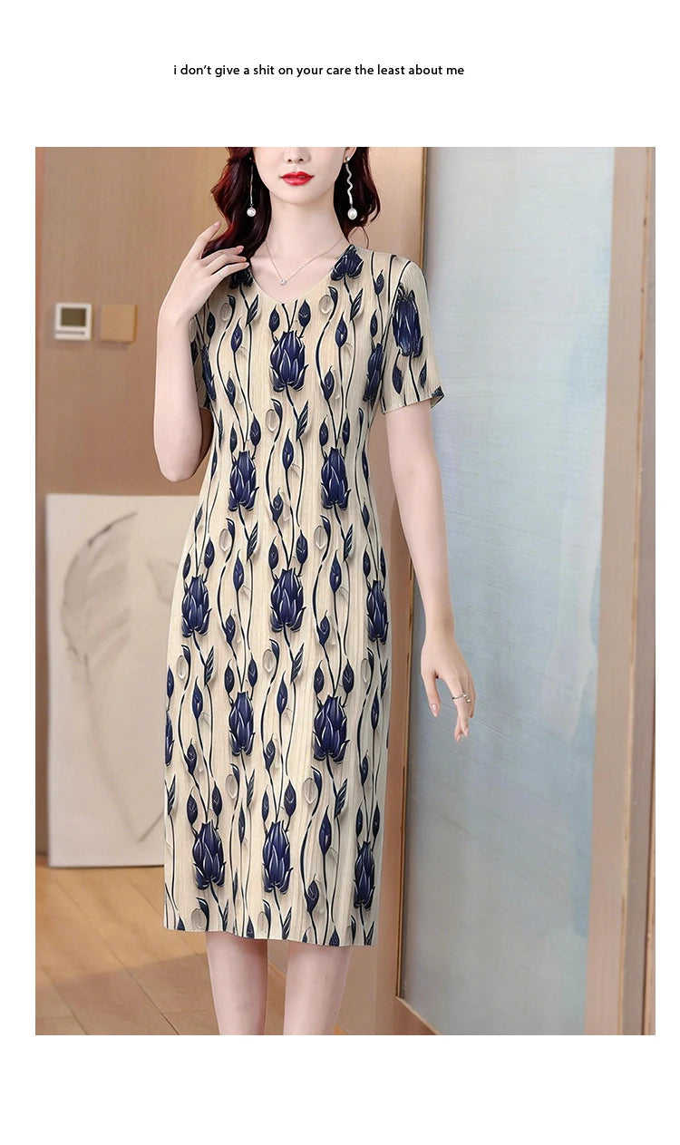 Elegant Pleated Maxi Dress for Women Summer Fashion High Waist A-Line Skirt Short Sleeve round Neck Iron-Free Business Wear