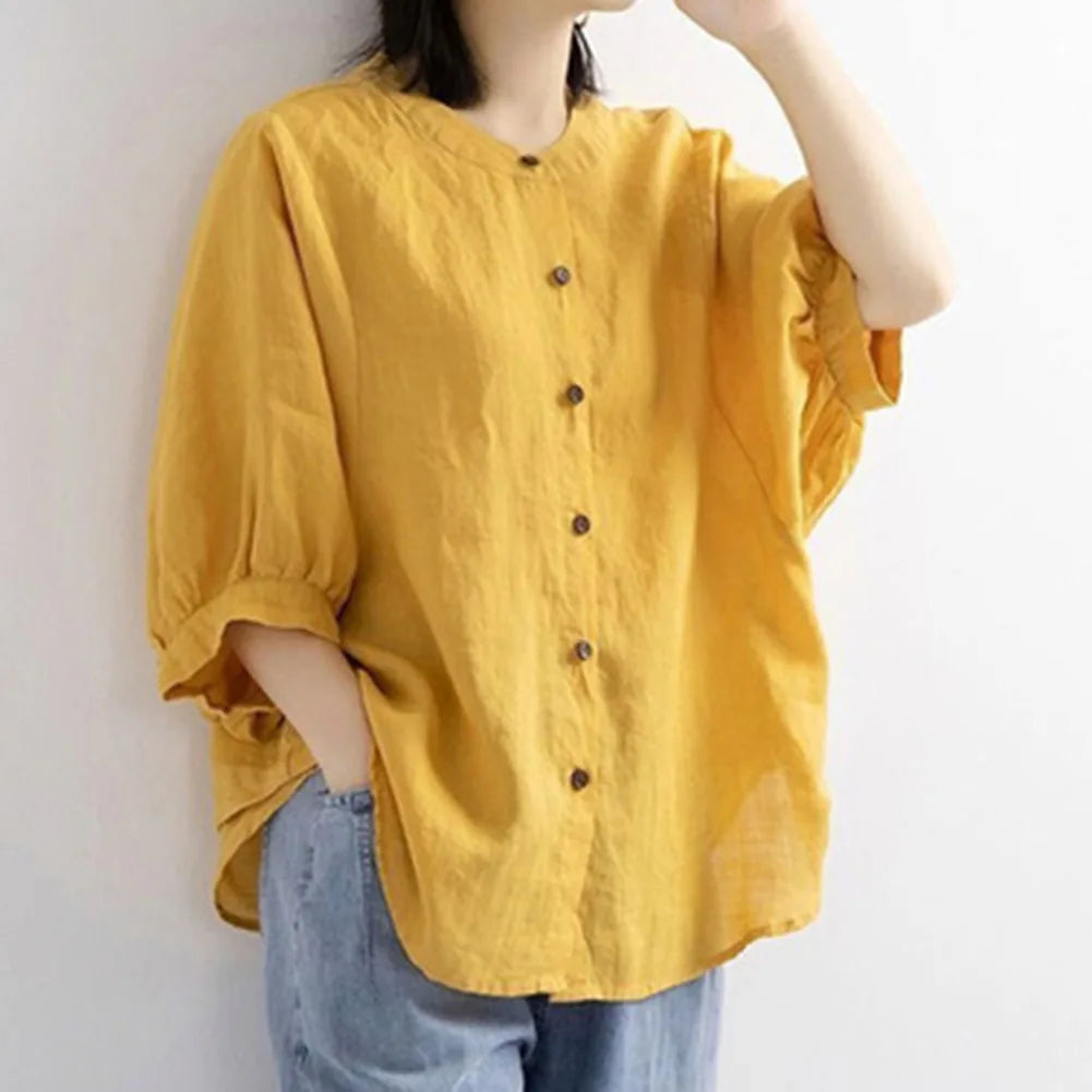 Casual Long Sleeve Cotton Linen Blouses Female Loose Fit Vintage Style Shirts Comfortable Lightweight Breathable Tops