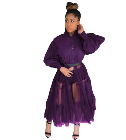 CM.YAYA Women Summer Long Sleeve Maxi Blouses Mesh Patchwork Long Dress Vintage Sexy Club Maxi Dresses