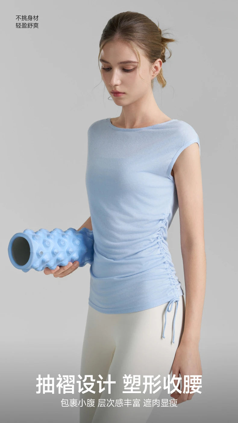 Sleeveless Pleated Cover Shirt with Drawstring, Tight Waist, High-end Feeling, Breathable and Slimming Sports T-shirt