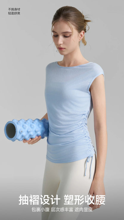 Sleeveless Pleated Cover Shirt with Drawstring, Tight Waist, High-end Feeling, Breathable and Slimming Sports T-shirt