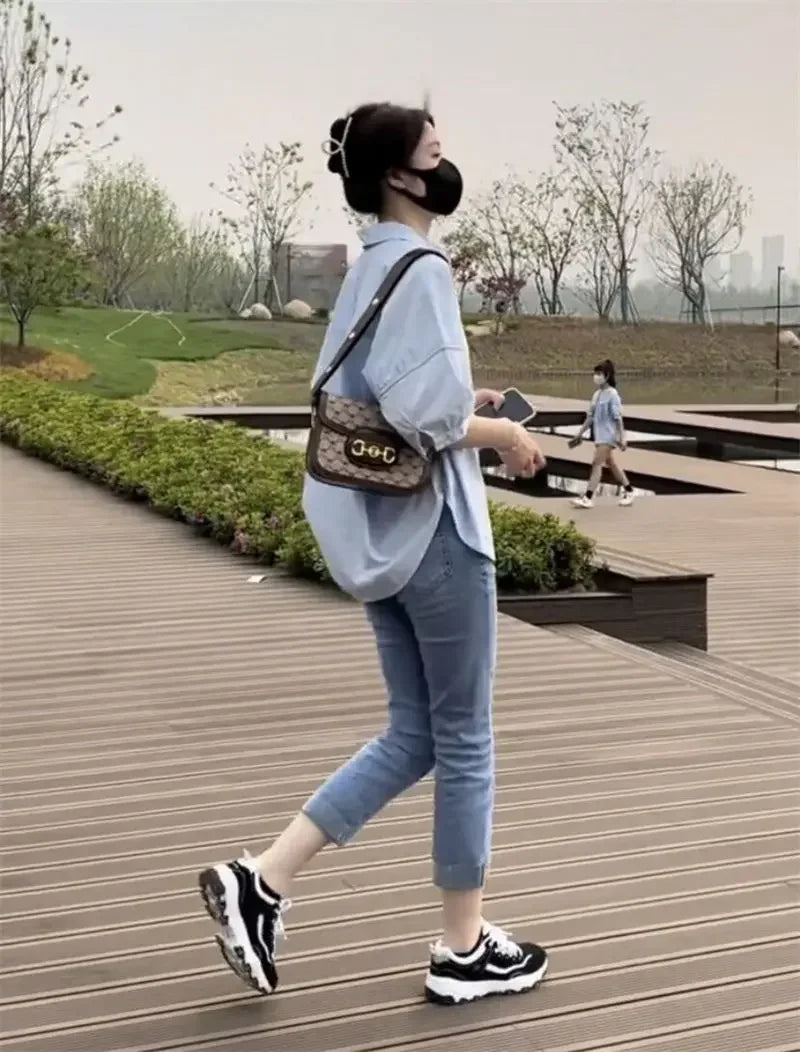 Women Blouses Elegant Streetwear Office Casual Loose Button Up White Blue Long Sleeve Vintage Oversize Shirt Tops